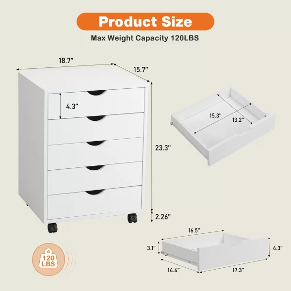 JHK Wood Nightstand Cabinet 5 Drawers Waterproof Surface Storage Organizer File Office Easy To Move Bedside Table Rotating Wheel - Image 2