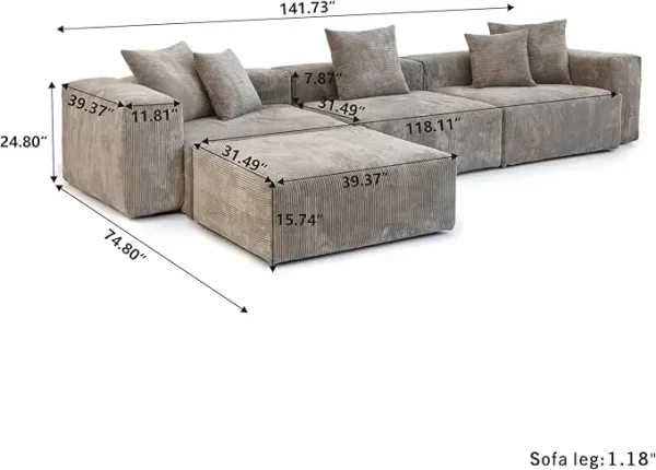 Luxurious Modular Sectional Couch with 5 Pillows and Chaise Ottoman, Cushion Covers Removable - Image 9