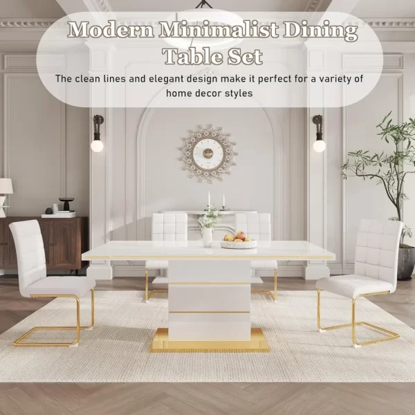5-Piece Dining Table Set, Modern Dining Room Set with 63" White High Gloss Kitchen Table and 4 PU Leather Upholstered Chairs - Image 2
