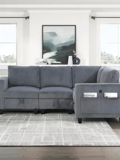 Corduroy Sofa Couch w/ Storage Pouches & Charging Port