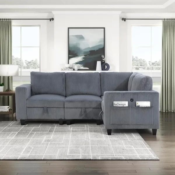 Corduroy Sofa Couch w/ Storage Pouches & Charging Port