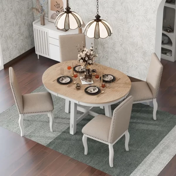 Harper & Bright Designs 5 Pcs Wooden Round Extendable Dining Table and 4 Upholstered Dining Chair - Image 2