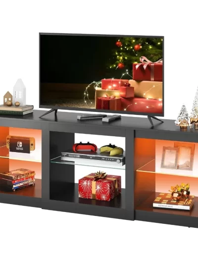 LED TV Stand for 65-Inch TV, 58-Inch Entertainment Center with Adjustable Glass Shelves, Modern Media Console for Living Room