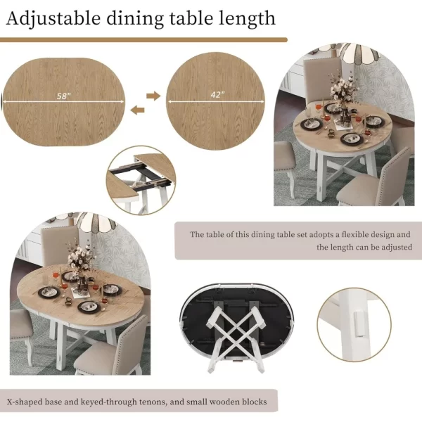 Harper & Bright Designs 5 Pcs Wooden Round Extendable Dining Table and 4 Upholstered Dining Chair - Image 5