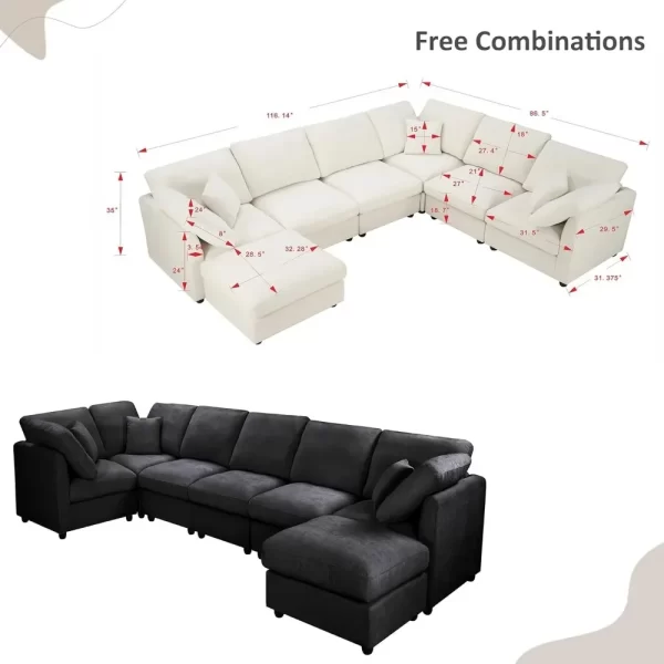 117" Modular Sectional U-Shaped Chenille Sofa Couch with Movable Ottoman - Image 2