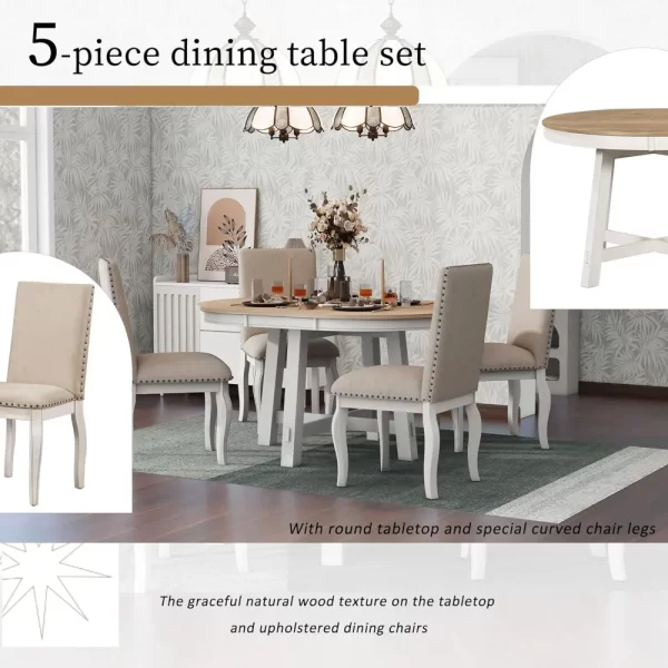 Harper & Bright Designs 5 Pcs Wooden Round Extendable Dining Table and 4 Upholstered Dining Chair - Image 4