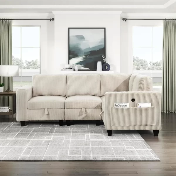 Corduroy Sofa Couch w/ Storage Pouches & Charging Port - Image 7