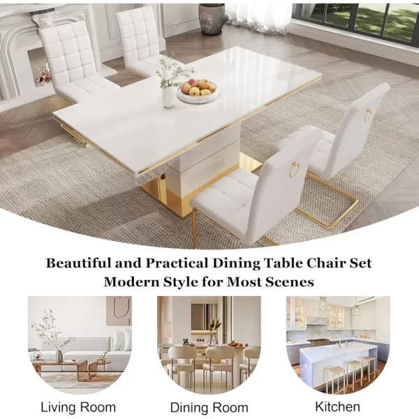 5-Piece Dining Table Set, Modern Dining Room Set with 63" White High Gloss Kitchen Table and 4 PU Leather Upholstered Chairs - Image 6