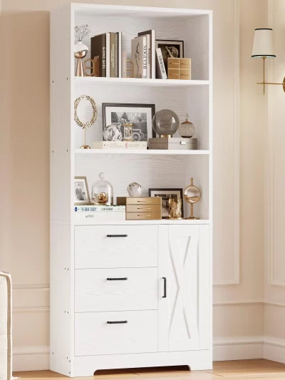 IRONCK Bookshelf with Door and 3 Drawers, Tall Bookcase Shelf with 3-Tier Shelves, for Bedroom, Living Room, Entrance Hallway