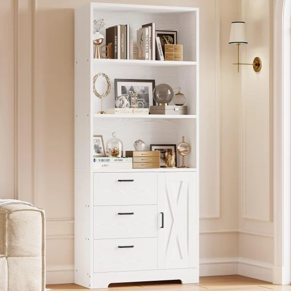IRONCK Bookshelf with Door and 3 Drawers, Tall Bookcase Shelf with 3-Tier Shelves, for Bedroom, Living Room, Entrance Hallway