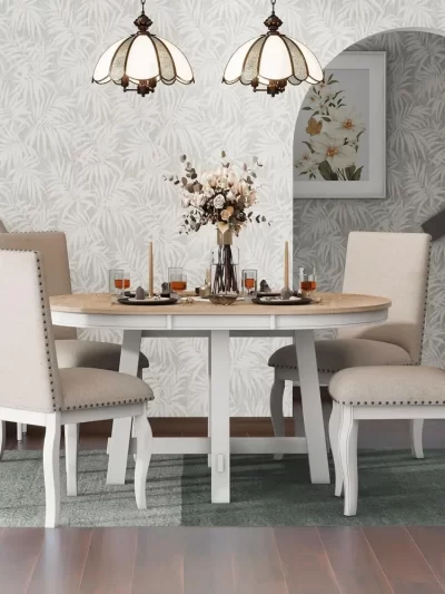 Harper & Bright Designs 5 Pcs Wooden Round Extendable Dining Table and 4 Upholstered Dining Chair