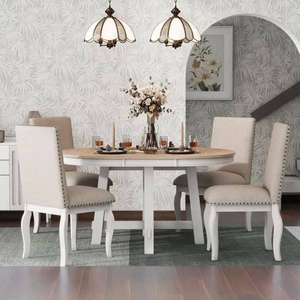 Harper & Bright Designs 5 Pcs Wooden Round Extendable Dining Table and 4 Upholstered Dining Chair