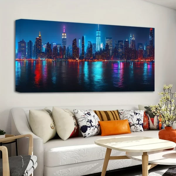 1.5 inch Thick Pine Frame, City Night View Canvas Poster, New York City Skyline Painting Art, Wall Decor - Image 3