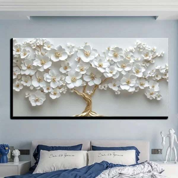 1 Nordic White Flower Oil Painting On Canvas - Image 3