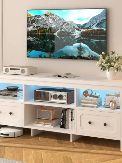 TV Stand for 65 Inch TV, 63" LED Entertainment Center with Storage Cabinets, Power Outlets and Open Shelf, Media Console
