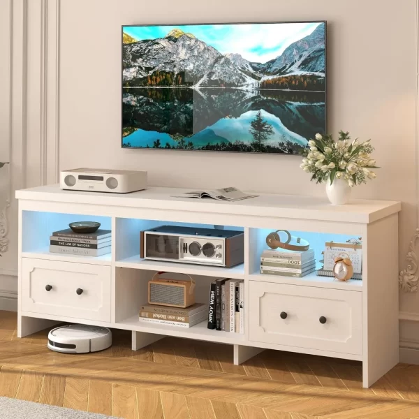 TV Stand for 65 Inch TV, 63" LED Entertainment Center with Storage Cabinets, Power Outlets and Open Shelf, Media Console