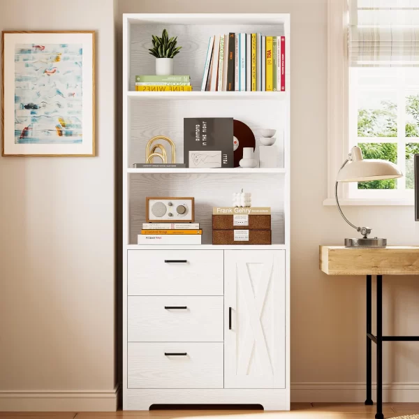 IRONCK Bookshelf with Door and 3 Drawers, Tall Bookcase Shelf with 3-Tier Shelves, for Bedroom, Living Room, Entrance Hallway - Image 3