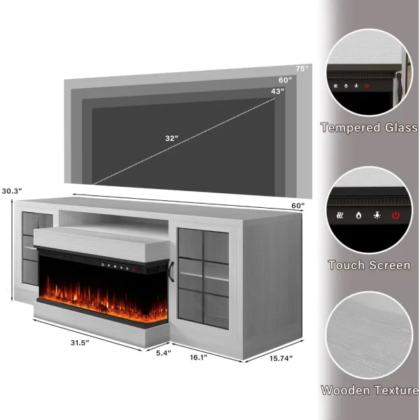 3-Sided Farmhouse Electric Fireplace TV Stand for TVs up to 75'', Entertainment Center with Glass Door Storage Cabinet, 60'' - Image 3