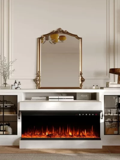 3-Sided Farmhouse Electric Fireplace TV Stand for TVs up to 75'', Entertainment Center with Glass Door Storage Cabinet, 60''