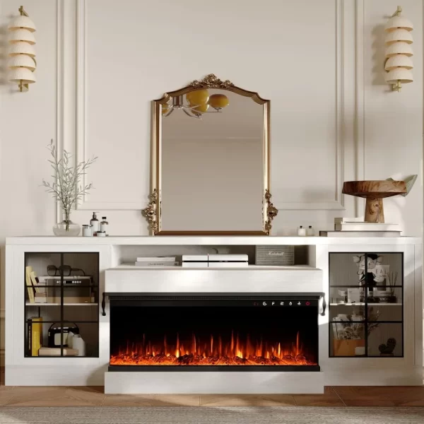 3-Sided Farmhouse Electric Fireplace TV Stand for TVs up to 75'', Entertainment Center with Glass Door Storage Cabinet, 60''