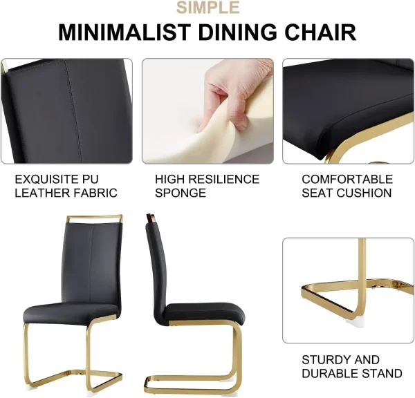 63”  Set for 6 Modern Gold Dining Rectangle Table Kitchen With PU Leather Chairs Black - Image 5