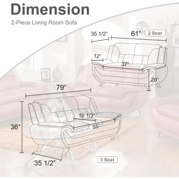 Faux Leather Couch and Loveseat Set for Living Room Office Home - Image 2