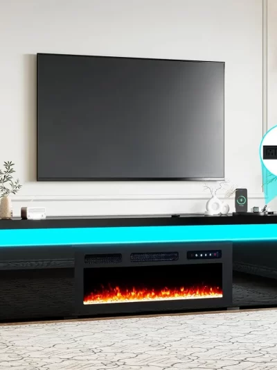 70.8’’ Fireplace TV Stand for 75 Inch TVs, Modern Entertainment Centers with LED Lights