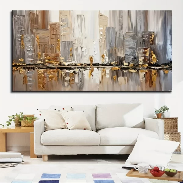 Large Modern Abstract Oil Painting, 1.5 inch Thick Pine Frame - Elegant Art Deco Style - Neutral Tones with Gold Accents - Image 2