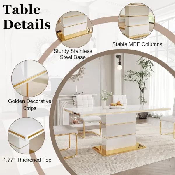 5-Piece Dining Table Set, Modern Dining Room Set with 63" White High Gloss Kitchen Table and 4 PU Leather Upholstered Chairs - Image 4