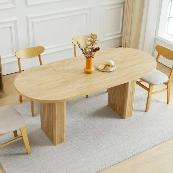 Dining Table for 4-6 People, Oval Kitchen Table with Wood Strip Base, Modern Farmhouse Large Round Dining Room Tables - Image 2