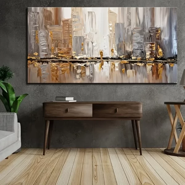 Large Modern Abstract Oil Painting, 1.5 inch Thick Pine Frame - Elegant Art Deco Style - Neutral Tones with Gold Accents - Image 3