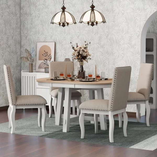 Harper & Bright Designs 5 Pcs Wooden Round Extendable Dining Table and 4 Upholstered Dining Chair - Image 3