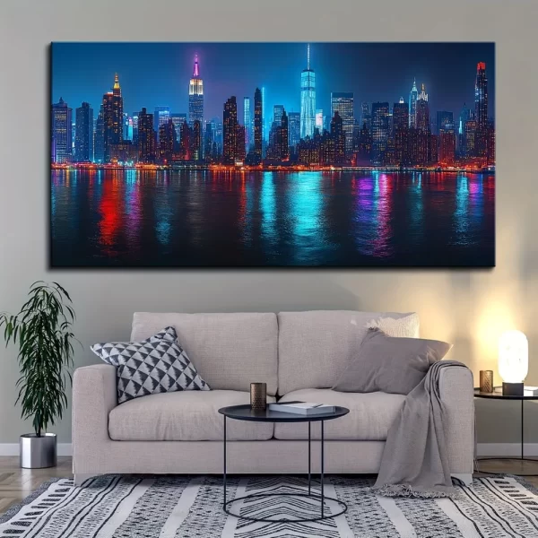 1.5 inch Thick Pine Frame, City Night View Canvas Poster, New York City Skyline Painting Art, Wall Decor - Image 2