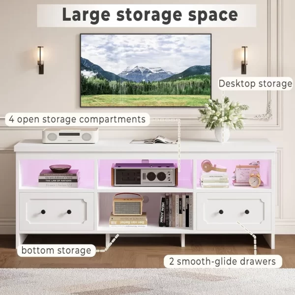 TV Stand for 65 Inch TV, 63" LED Entertainment Center with Storage Cabinets, Power Outlets and Open Shelf, Media Console - Image 4
