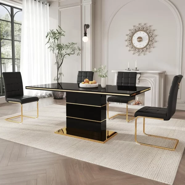 5-Piece Dining Table Set, Modern Dining Room Set with 63" White High Gloss Kitchen Table and 4 PU Leather Upholstered Chairs - Image 10