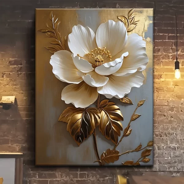 Elegant White Floral Canvas Art Vintage Gold Flower Wall Decoration - Image 2