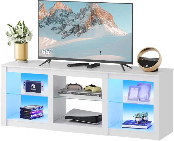 LED TV Stand for 65-Inch TV, 58-Inch Entertainment Center with Adjustable Glass Shelves, Modern Media Console for Living Room - Image 8