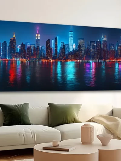 1.5 inch Thick Pine Frame, City Night View Canvas Poster, New York City Skyline Painting Art, Wall Decor