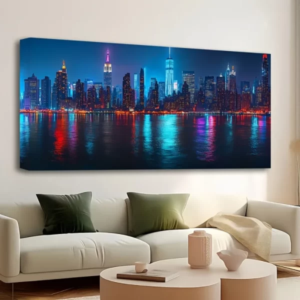 1.5 inch Thick Pine Frame, City Night View Canvas Poster, New York City Skyline Painting Art, Wall Decor