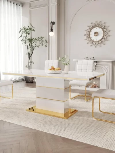 5-Piece Dining Table Set, Modern Dining Room Set with 63" White High Gloss Kitchen Table and 4 PU Leather Upholstered Chairs