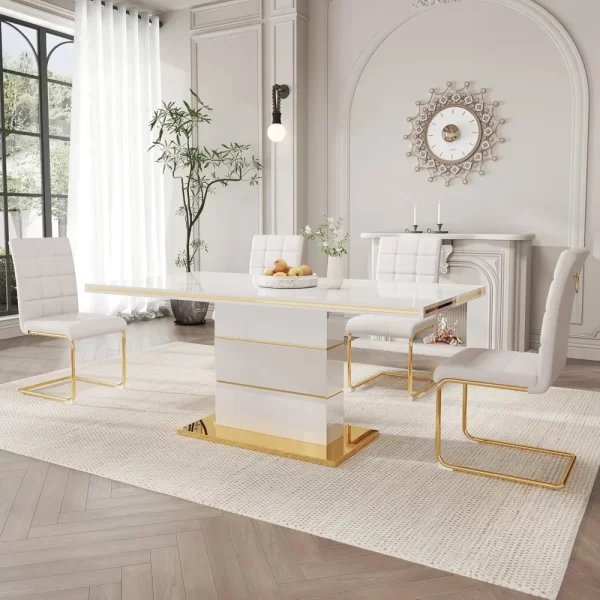 5-Piece Dining Table Set, Modern Dining Room Set with 63" White High Gloss Kitchen Table and 4 PU Leather Upholstered Chairs