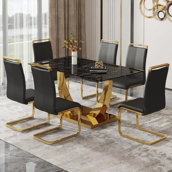 63”  Set for 6 Modern Gold Dining Rectangle Table Kitchen With PU Leather Chairs Black - Image 3