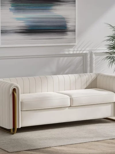 Modern Velvet Sofa for Living Room, 84 Inches Long Upholstered Sofa Couch with High Armrest and Metal Legs