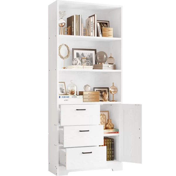 IRONCK Bookshelf with Door and 3 Drawers, Tall Bookcase Shelf with 3-Tier Shelves, for Bedroom, Living Room, Entrance Hallway - Image 5