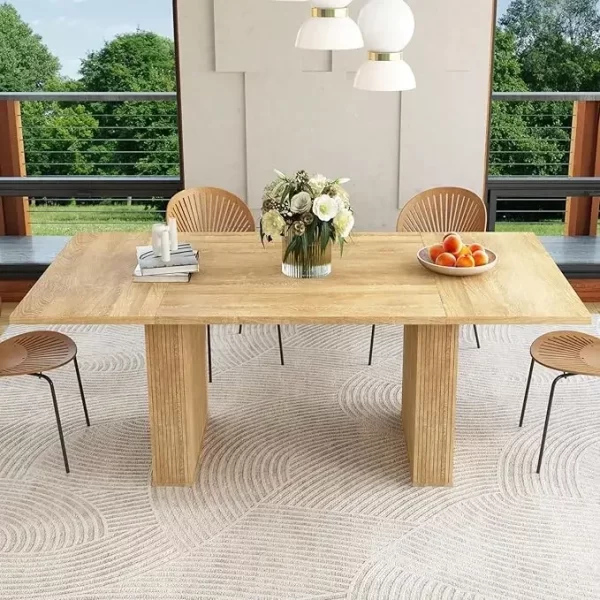 Dining Table for 4-6 People, Oval Kitchen Table with Wood Strip Base, Modern Farmhouse Large Round Dining Room Tables - Image 7