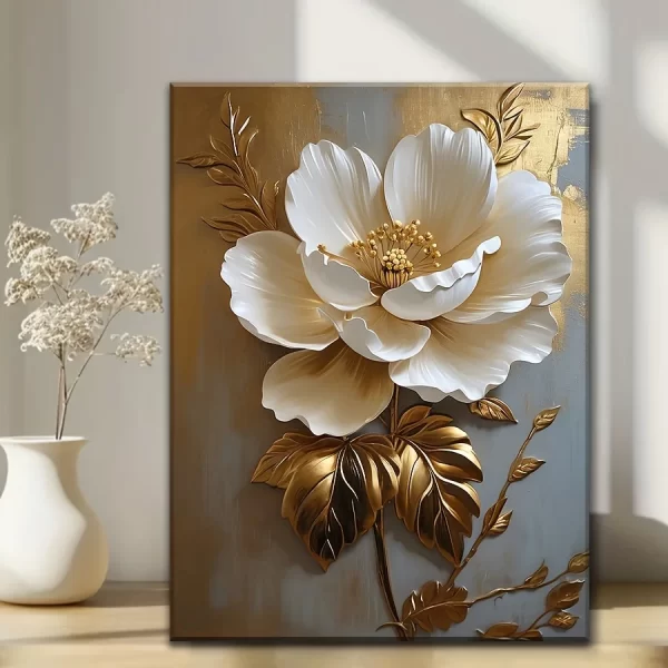 Elegant White Floral Canvas Art Vintage Gold Flower Wall Decoration - Image 3