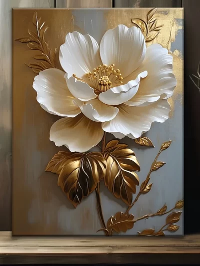 Elegant White Floral Canvas Art Vintage Gold Flower Wall Decoration