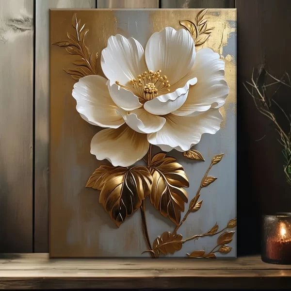 Elegant White Floral Canvas Art Vintage Gold Flower Wall Decoration