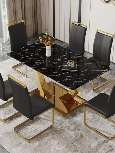 63”  Set for 6 Modern Gold Dining Rectangle Table Kitchen With PU Leather Chairs Black