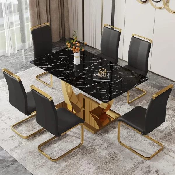 63”  Set for 6 Modern Gold Dining Rectangle Table Kitchen With PU Leather Chairs Black